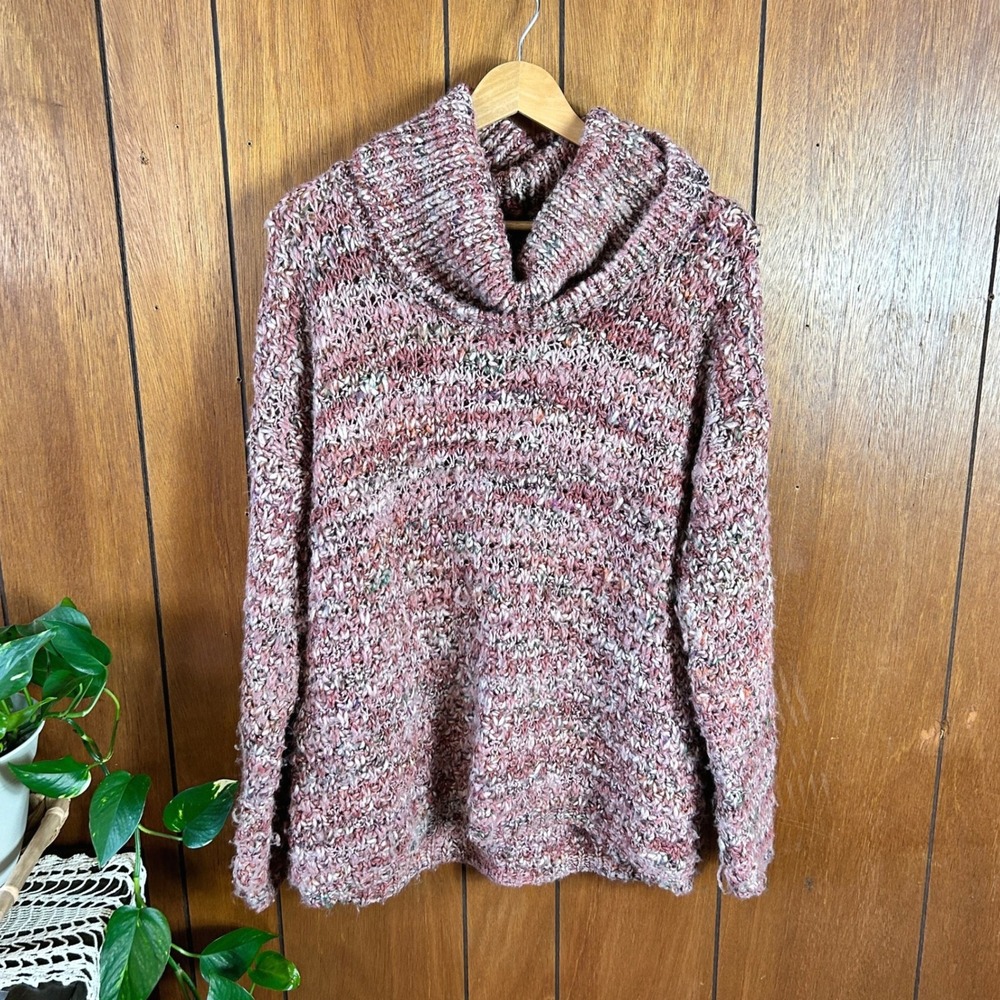 Elsamanda Italy Cowl Neck Marled Chunky Knit Wool Blend Sweater Pink Burgundy M